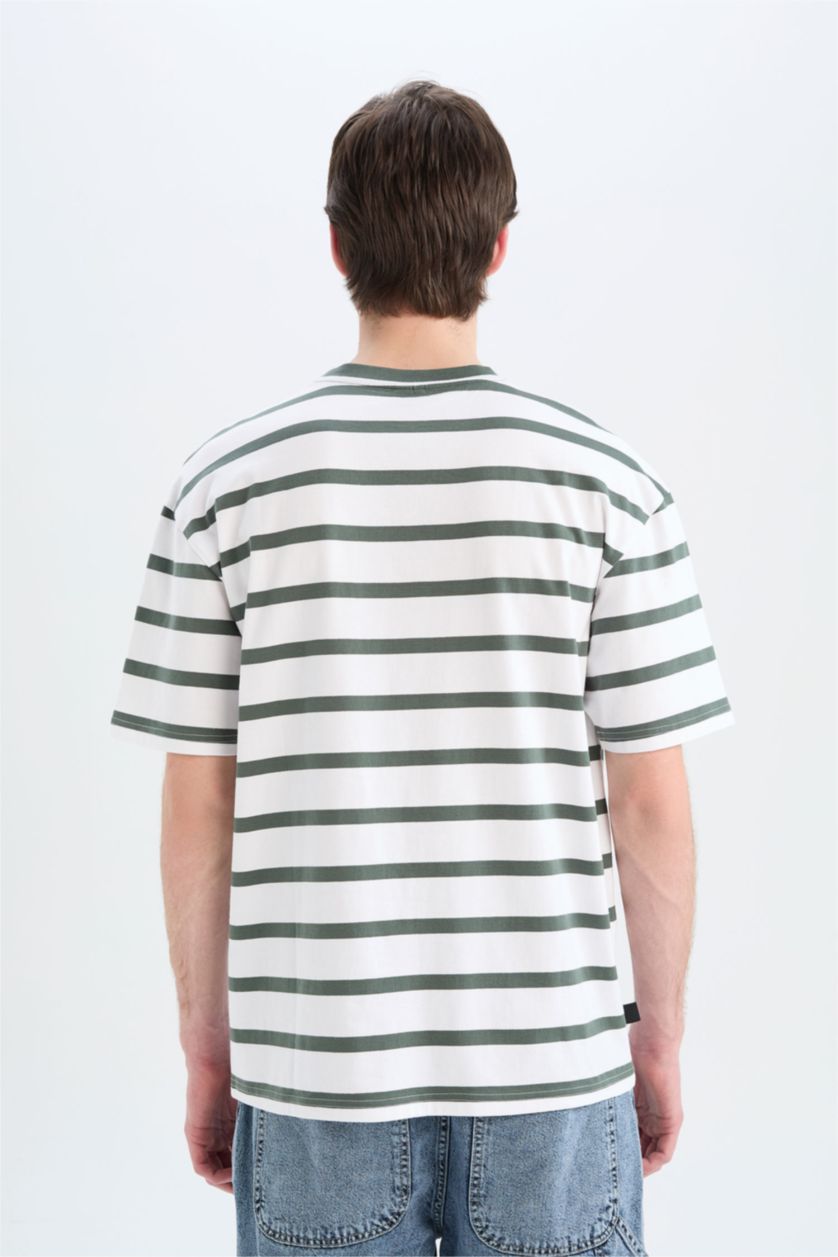 Erkek Yeşil %100 Pamuk Boxy Fit Çizgili Tişört