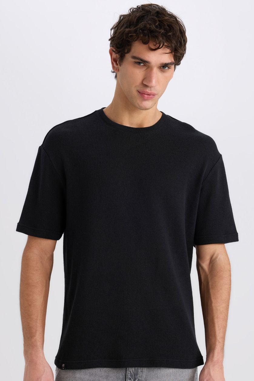 Erkek Siyah Boxy Fit Bisiklet Yaka Kısa Kollu Siyah Tişört