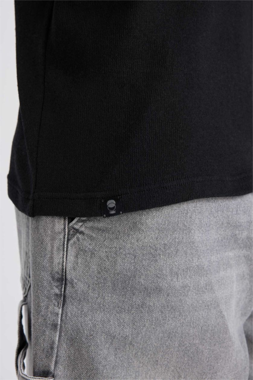 Erkek Siyah Boxy Fit Bisiklet Yaka Kısa Kollu Siyah Tişört