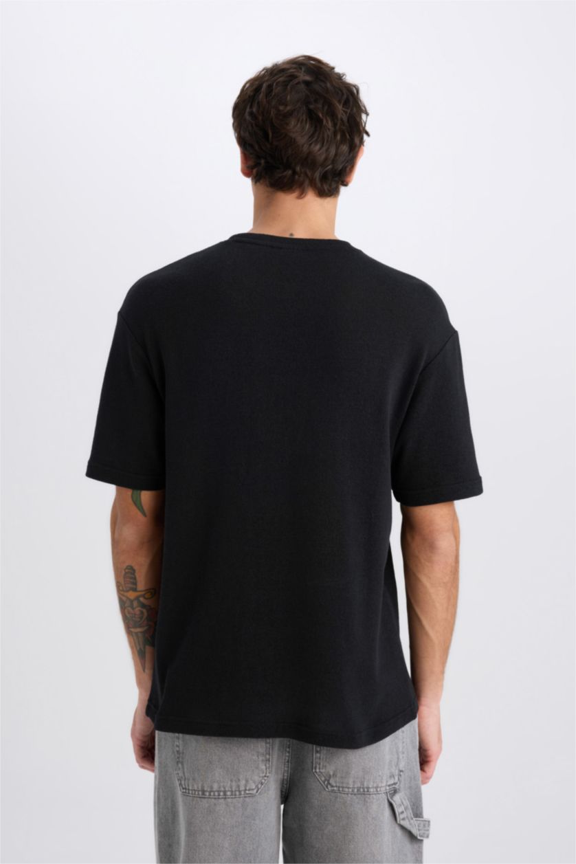 Erkek Siyah Boxy Fit Bisiklet Yaka Kısa Kollu Siyah Tişört