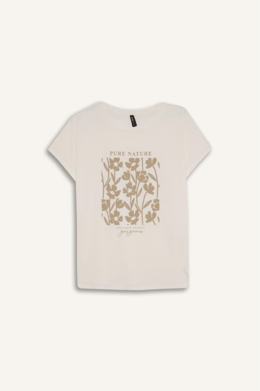 نساء بيج فاتح تيشيرت نص كم قصة عادية برقبة مستديرة