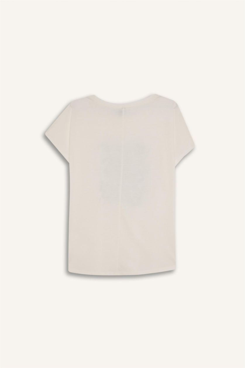 نساء بيج فاتح تيشيرت نص كم قصة عادية برقبة مستديرة