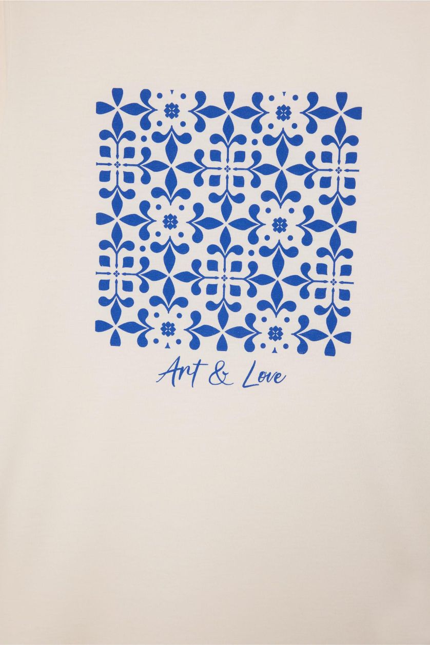 نساء بيج فاتح تيشيرت نص كم قصة عادية برقبة مستديرة