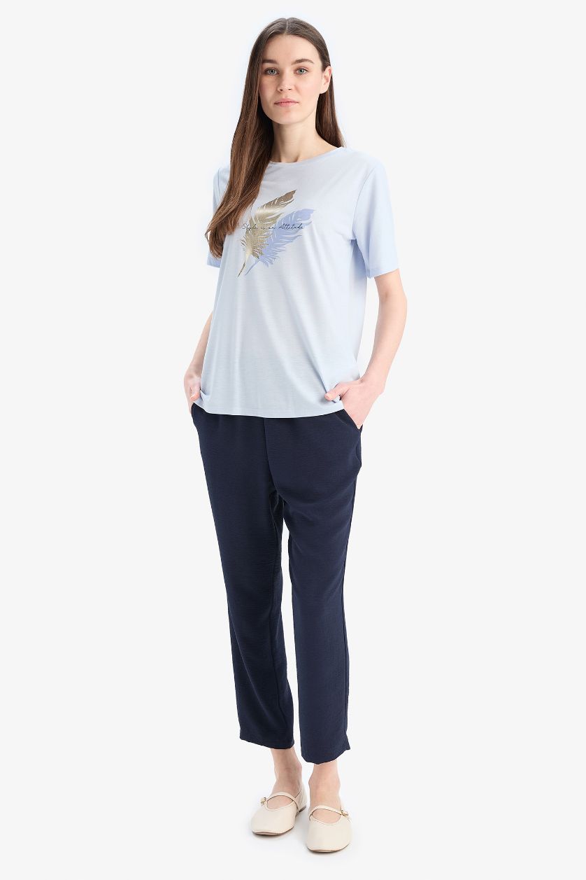 WOMAN Light Blue Traditional Regular Fit Embroidered T-Shirt