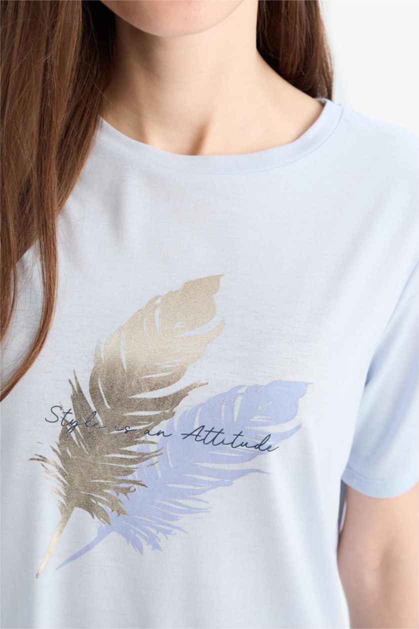 WOMAN Light Blue Traditional Regular Fit Embroidered T-Shirt