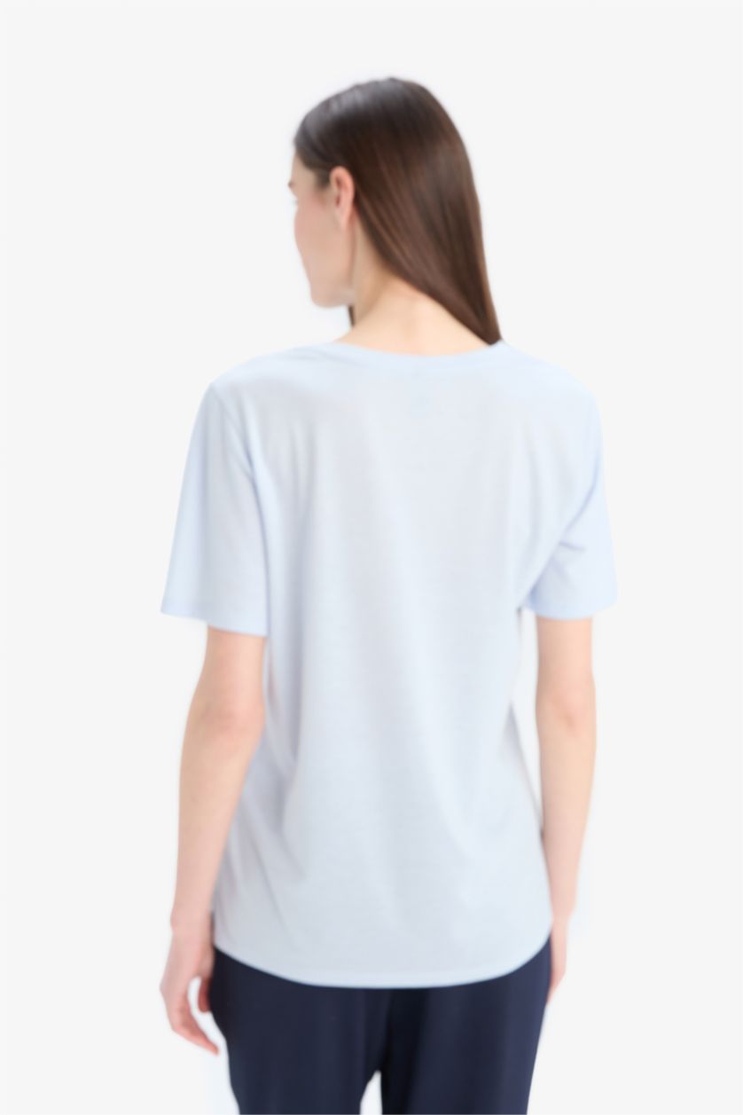 WOMAN Light Blue Traditional Regular Fit Embroidered T-Shirt