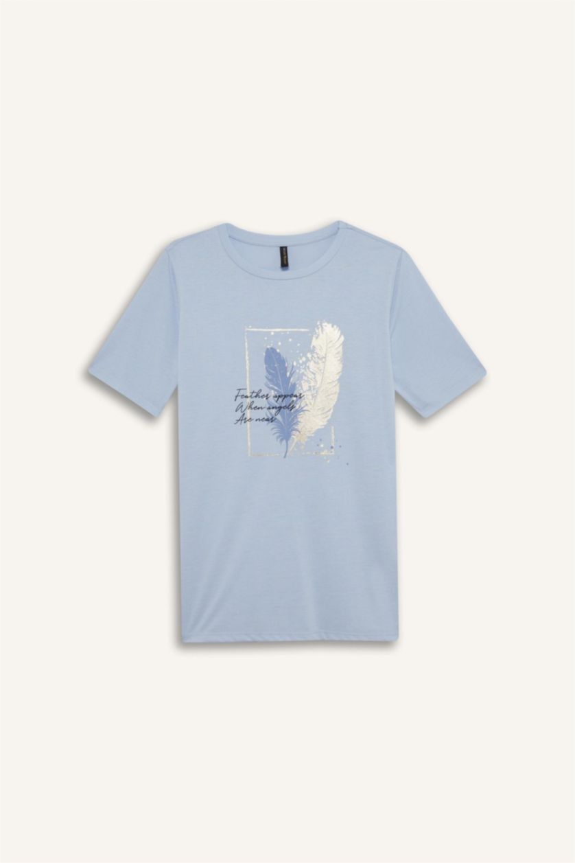 نساء أزرق فاتح تيشيرت نص كم مطبوع قصة عادية برقبة مستديرة