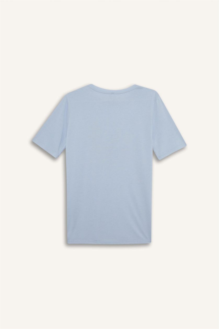 نساء أزرق فاتح تيشيرت نص كم مطبوع قصة عادية برقبة مستديرة