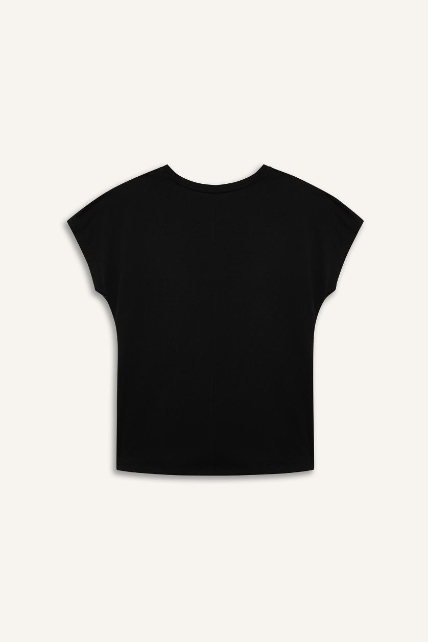 نساء أسود تيشيرت نص كم مطبوع قصة عادية برقبة مستديرة