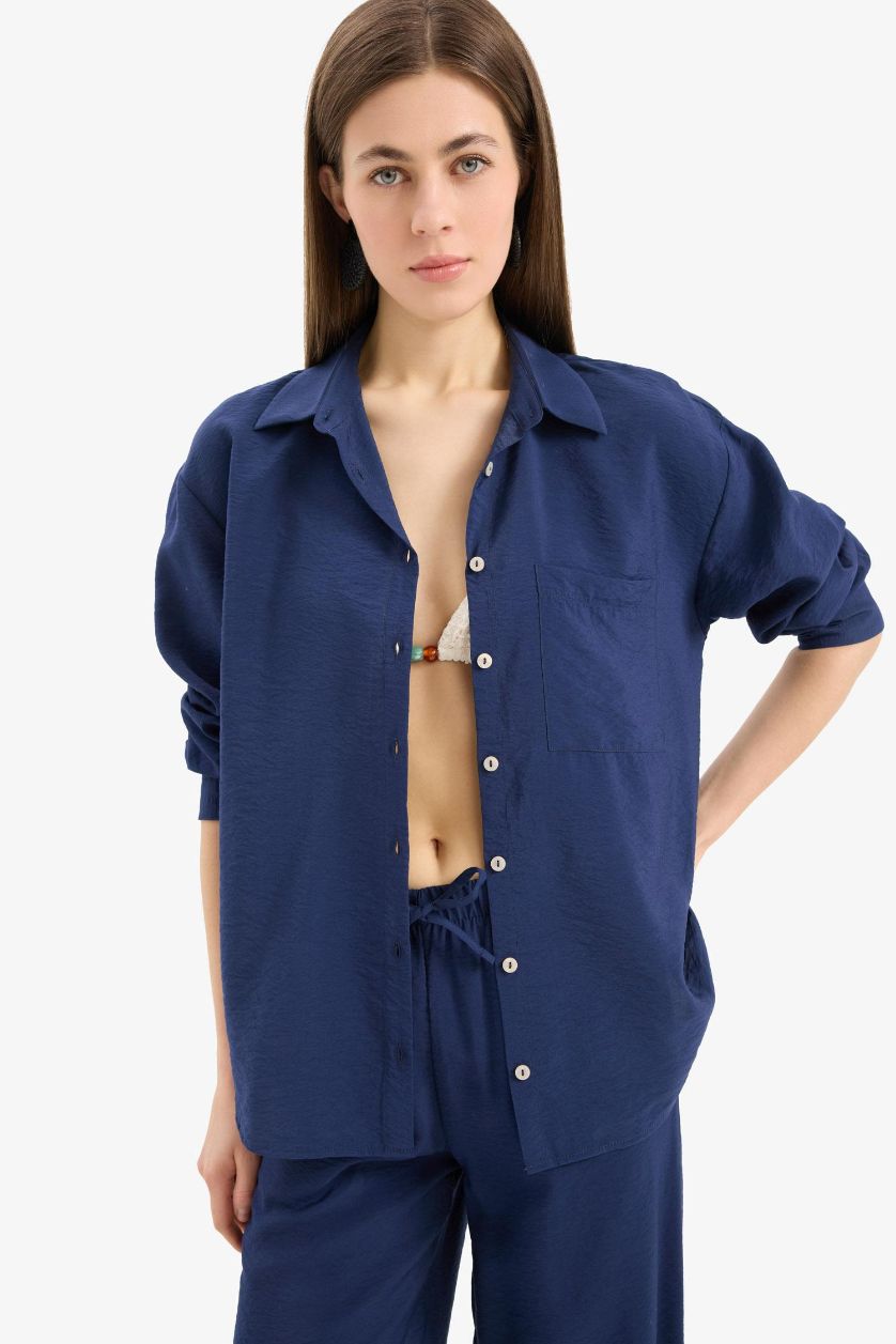 Kadın Lacivert Regular Fit Plaj Gömleği