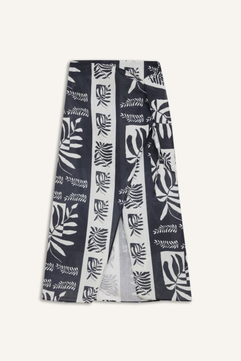 Kadın Siyah Regular Fit Tropikal Desenli Pamuklu Plaj Eteği