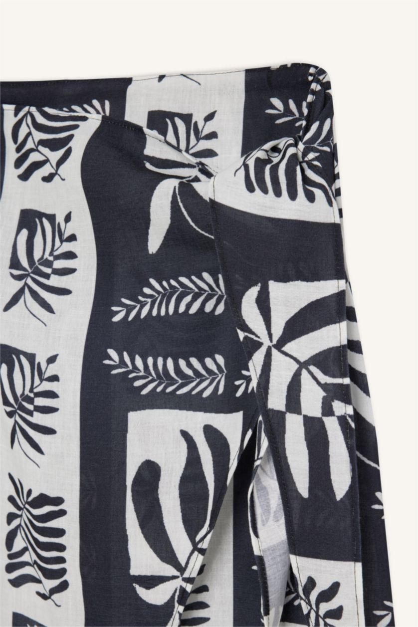 Kadın Siyah Regular Fit Tropikal Desenli Pamuklu Plaj Eteği