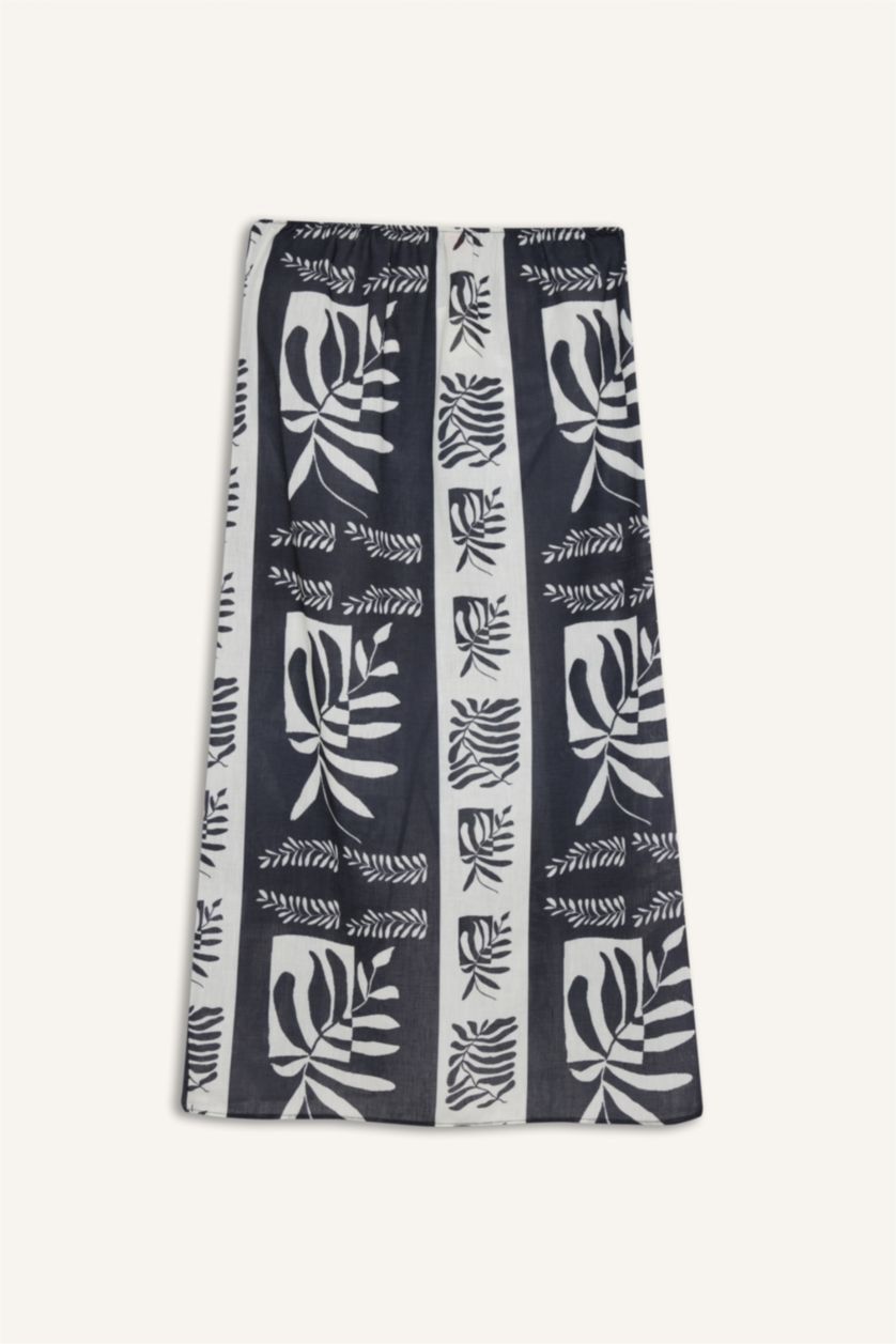 Kadın Siyah Regular Fit Tropikal Desenli Pamuklu Plaj Eteği