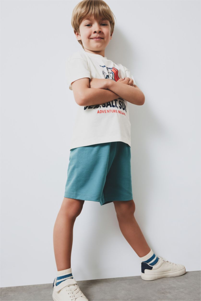 Erkek Bebek Ekru 2'li Takım Baskılı Kısa Kollu Tişört Şort Erkek Bebek