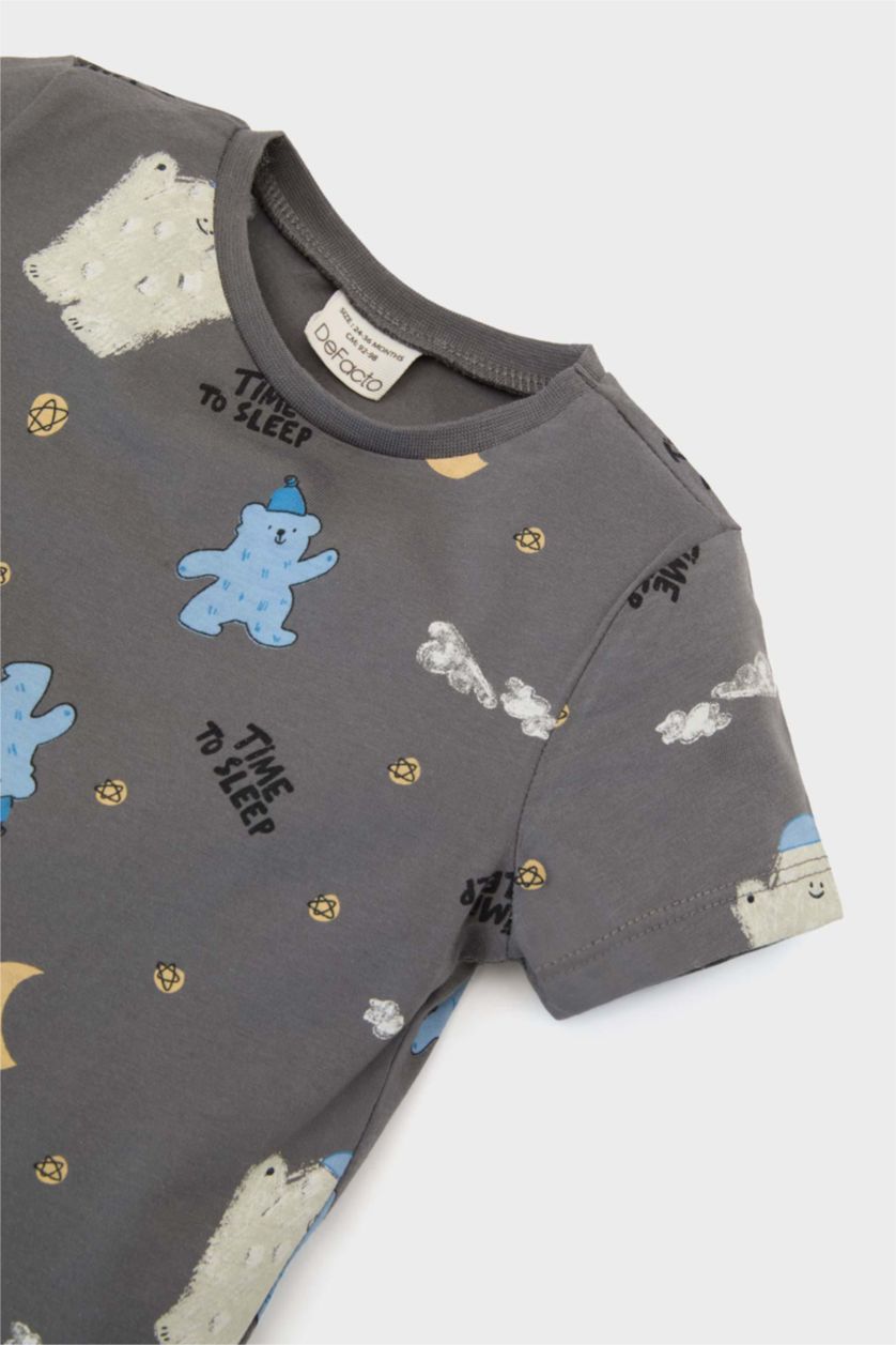 Erkek Bebek Koyu Gri %100 Pamuklu Desenli Beli Lastikli Pijama Takımı Erkek Bebek