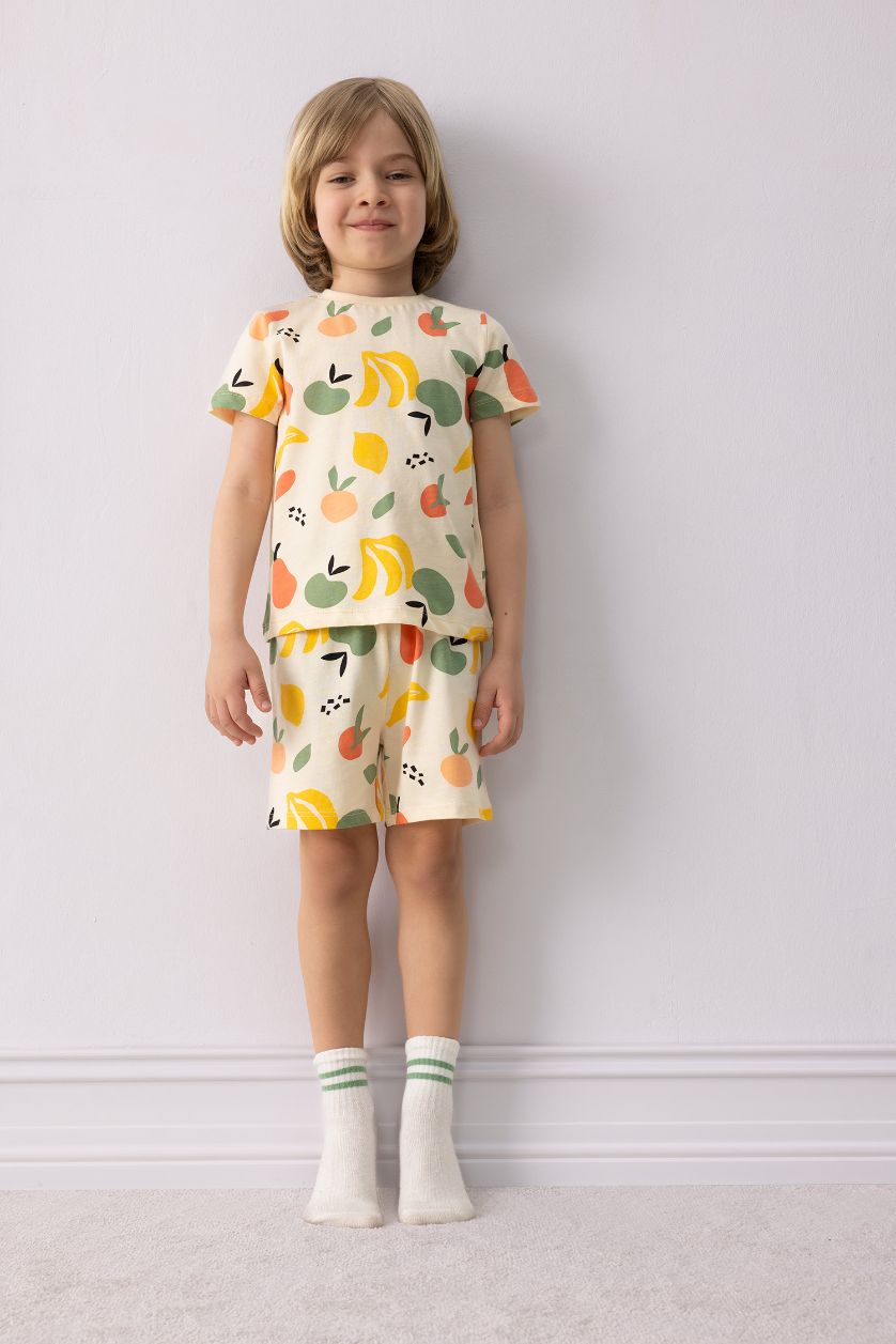 Erkek Bebek Kum %100 Pamuklu Meyve Desenli Beli Lastikli Pijama Takımı Erkek Bebek