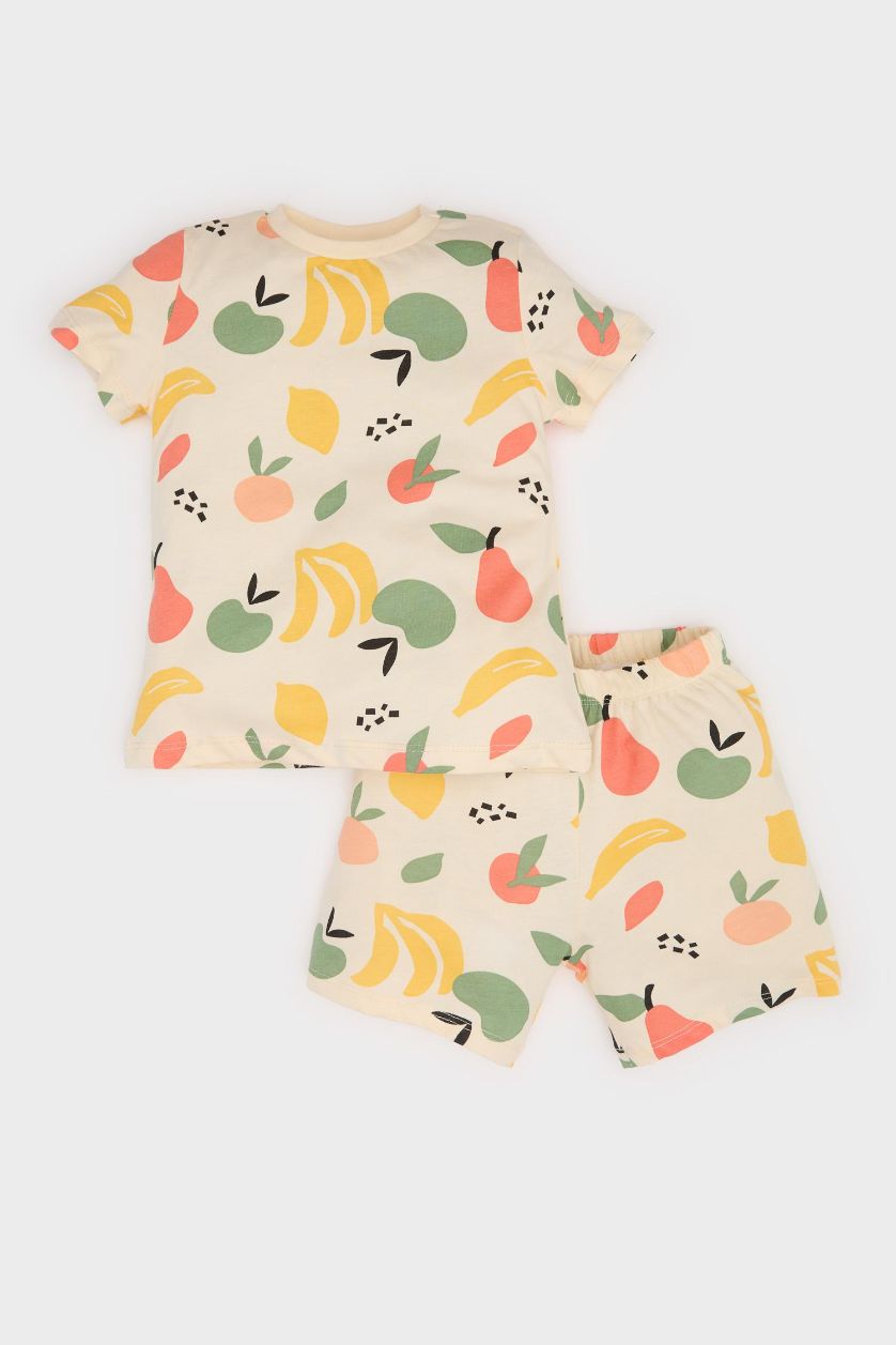 Erkek Bebek Kum %100 Pamuklu Meyve Desenli Beli Lastikli Pijama Takımı Erkek Bebek