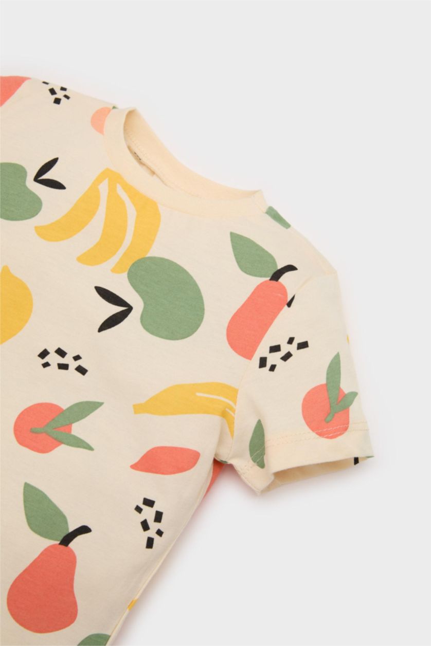 Erkek Bebek Kum %100 Pamuklu Meyve Desenli Beli Lastikli Pijama Takımı Erkek Bebek