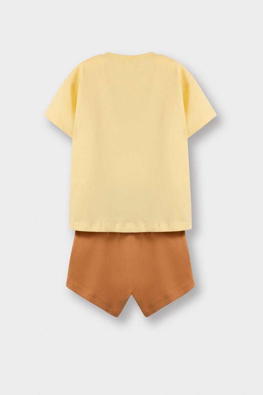 Erkek Bebek Açık Sarı 2'li Takım Aslan Baskılı Kısa Kollu Tişört Beli Lastikli Şort Erkek Bebek