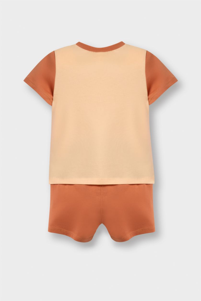 Erkek Bebek Turuncu %100 Pamuklu Aslan Baskılı Beli Lastikli Pijama Takımı Erkek Bebek