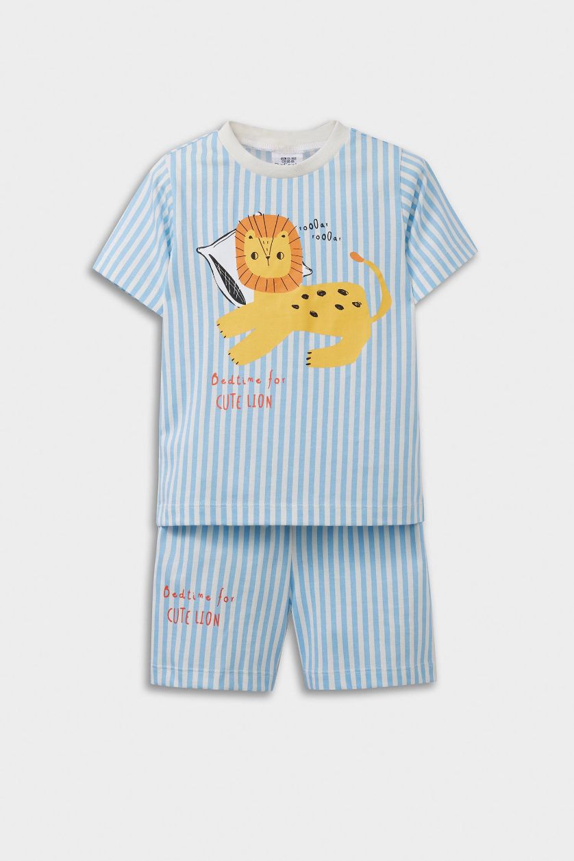 Erkek Bebek Mavi %100 Pamuklu Çizgili Aslan Baskılı Beli Lastikli Pijama Takımı Erkek Bebek