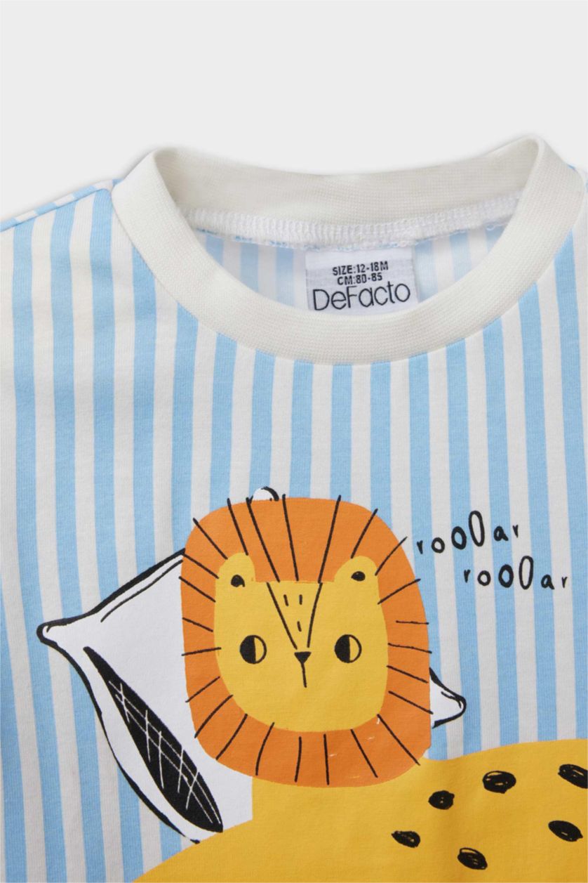 Erkek Bebek Mavi %100 Pamuklu Çizgili Aslan Baskılı Beli Lastikli Pijama Takımı Erkek Bebek
