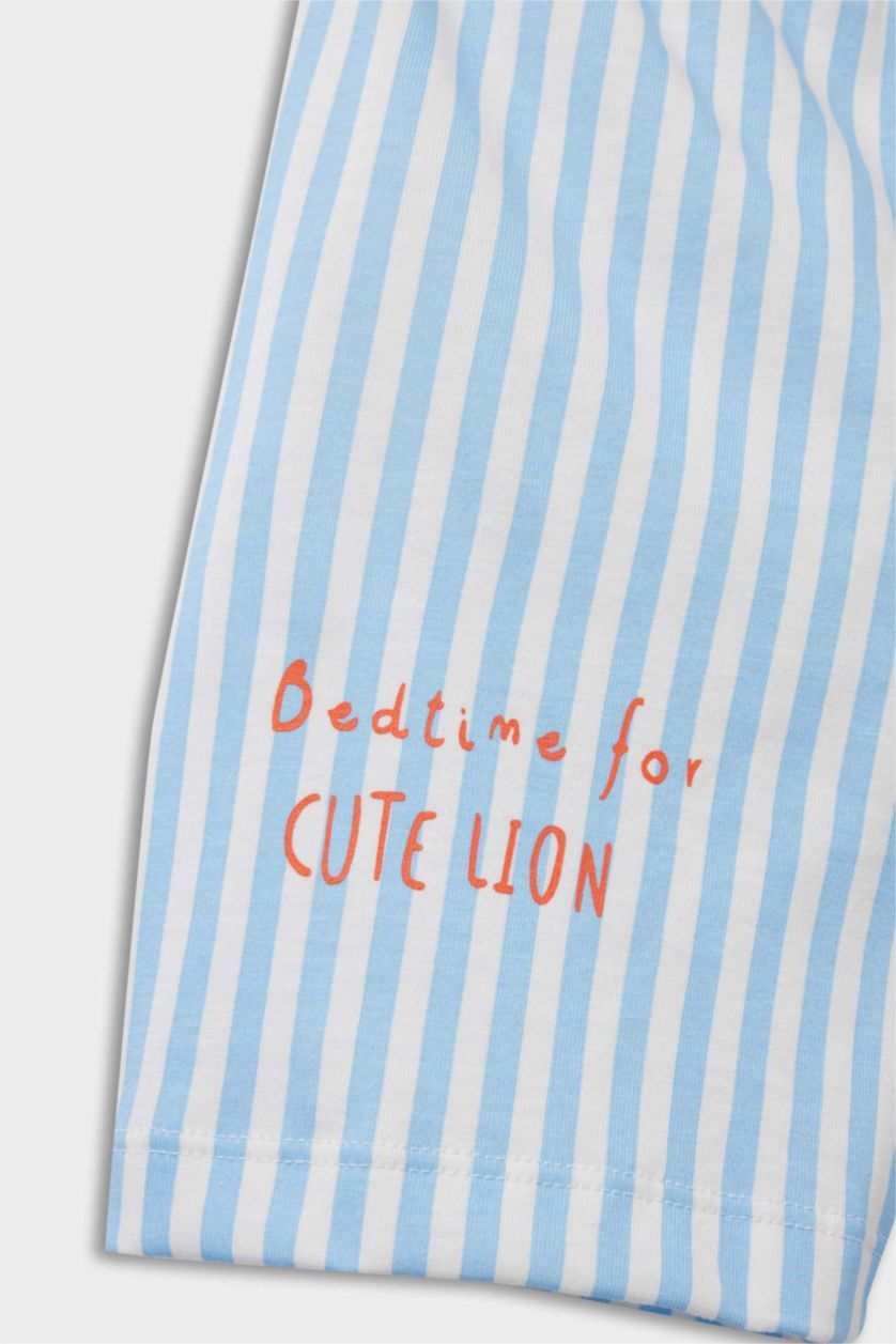 Erkek Bebek Mavi %100 Pamuklu Çizgili Aslan Baskılı Beli Lastikli Pijama Takımı Erkek Bebek