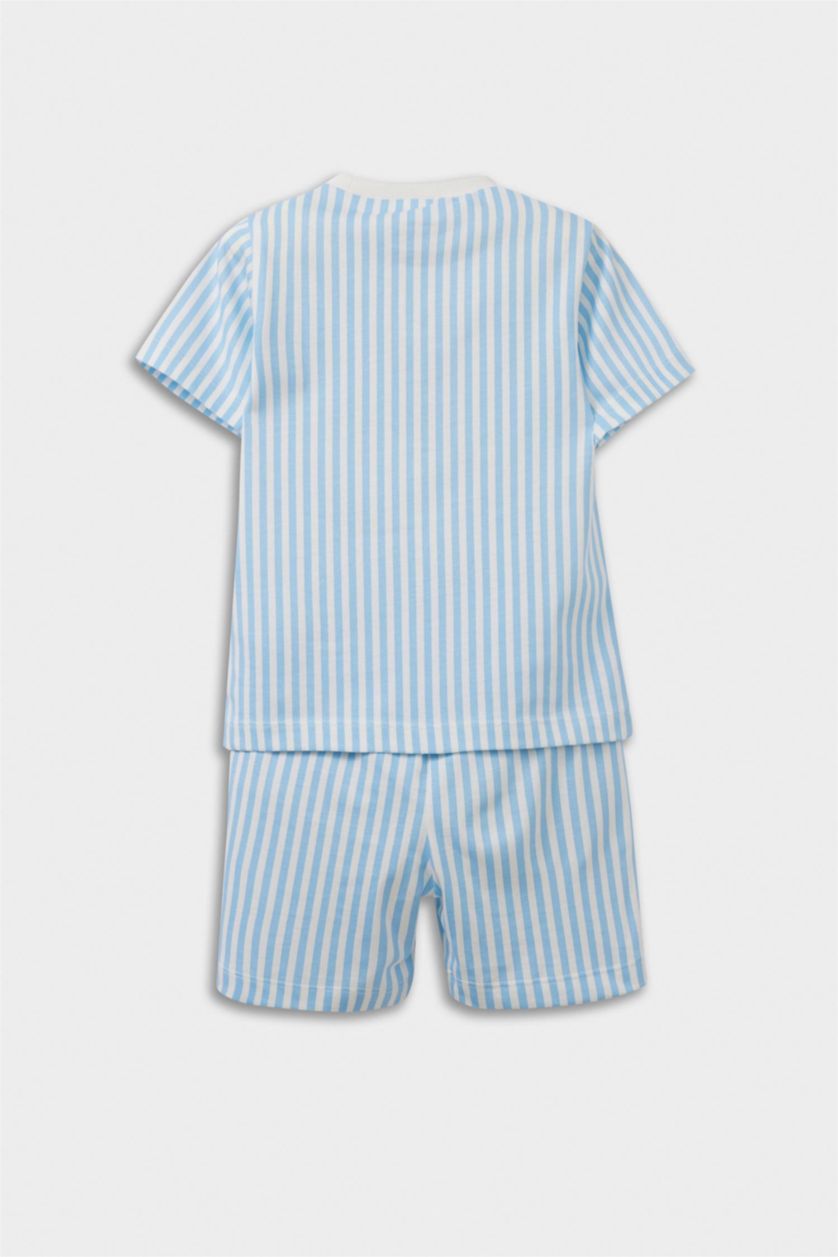 Erkek Bebek Mavi %100 Pamuklu Çizgili Aslan Baskılı Beli Lastikli Pijama Takımı Erkek Bebek