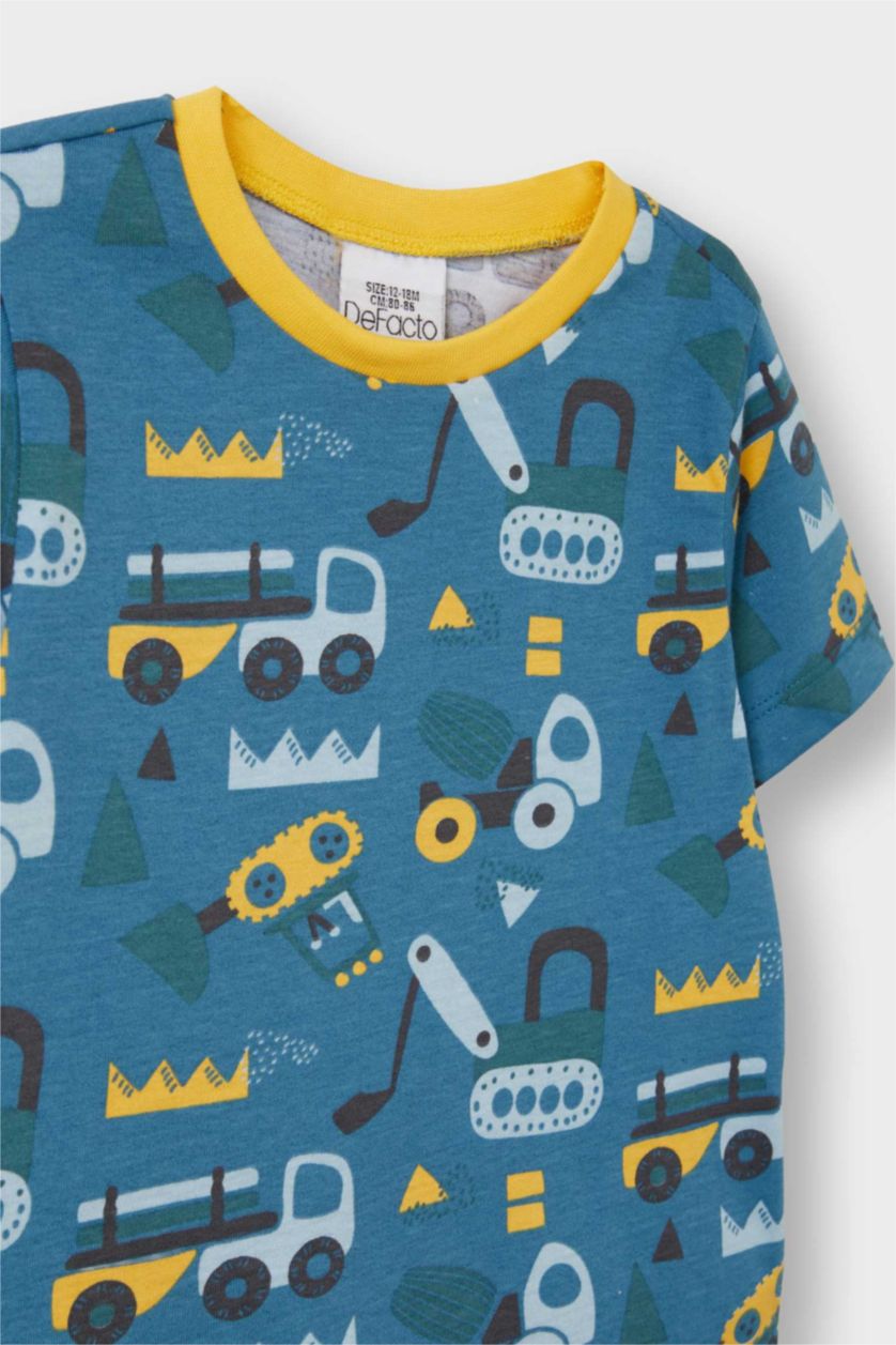 Erkek Bebek Açık Mavi %100 Pamuklu Araç Baskılı Beli Lastikli 4'lü Pijama Takımı Erkek Bebek
