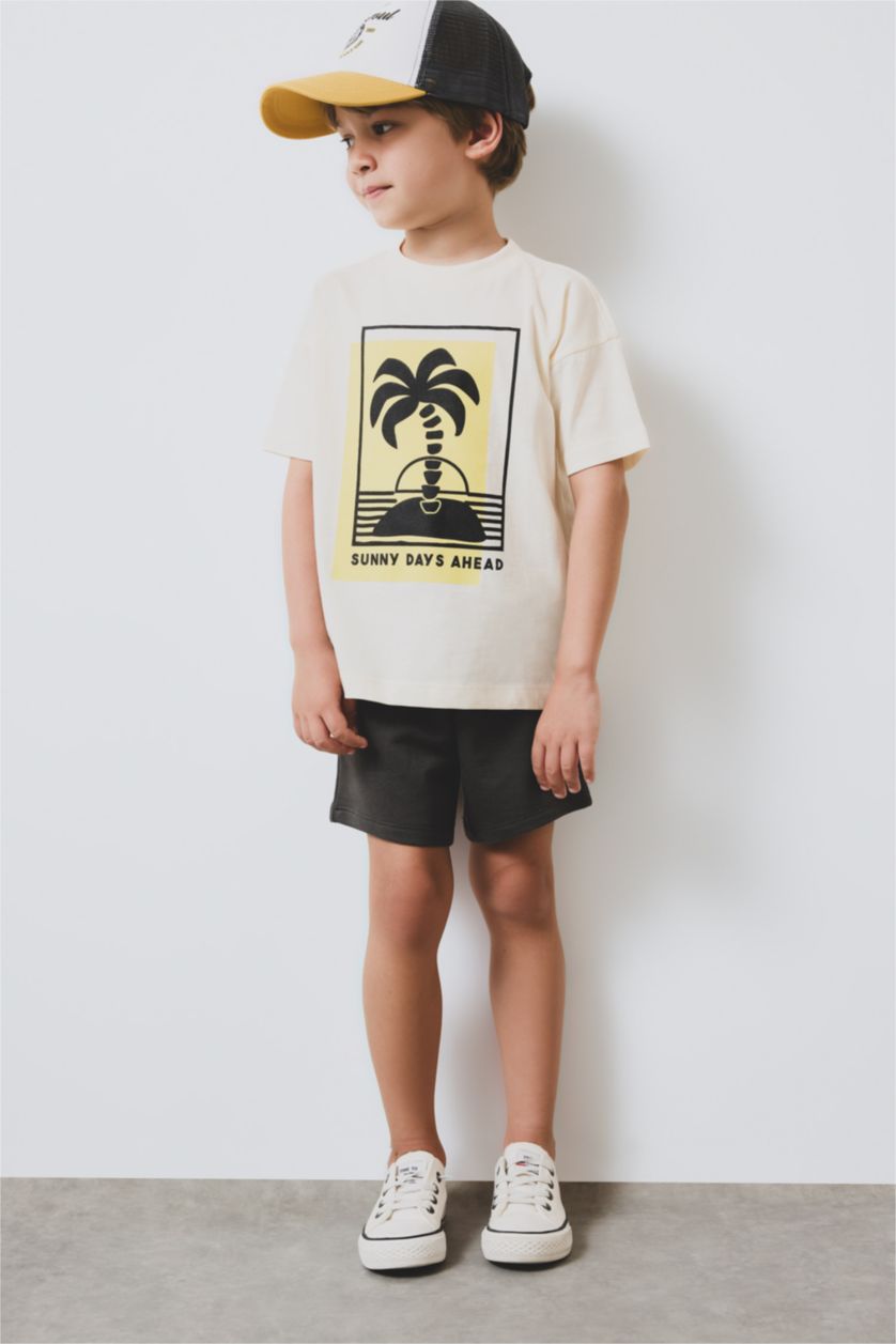 Erkek Bebek Antrasit 2'li Takım Palmiye Desenli Kısa kollu Tişört Beli Lastikli Şort Erkek Bebek