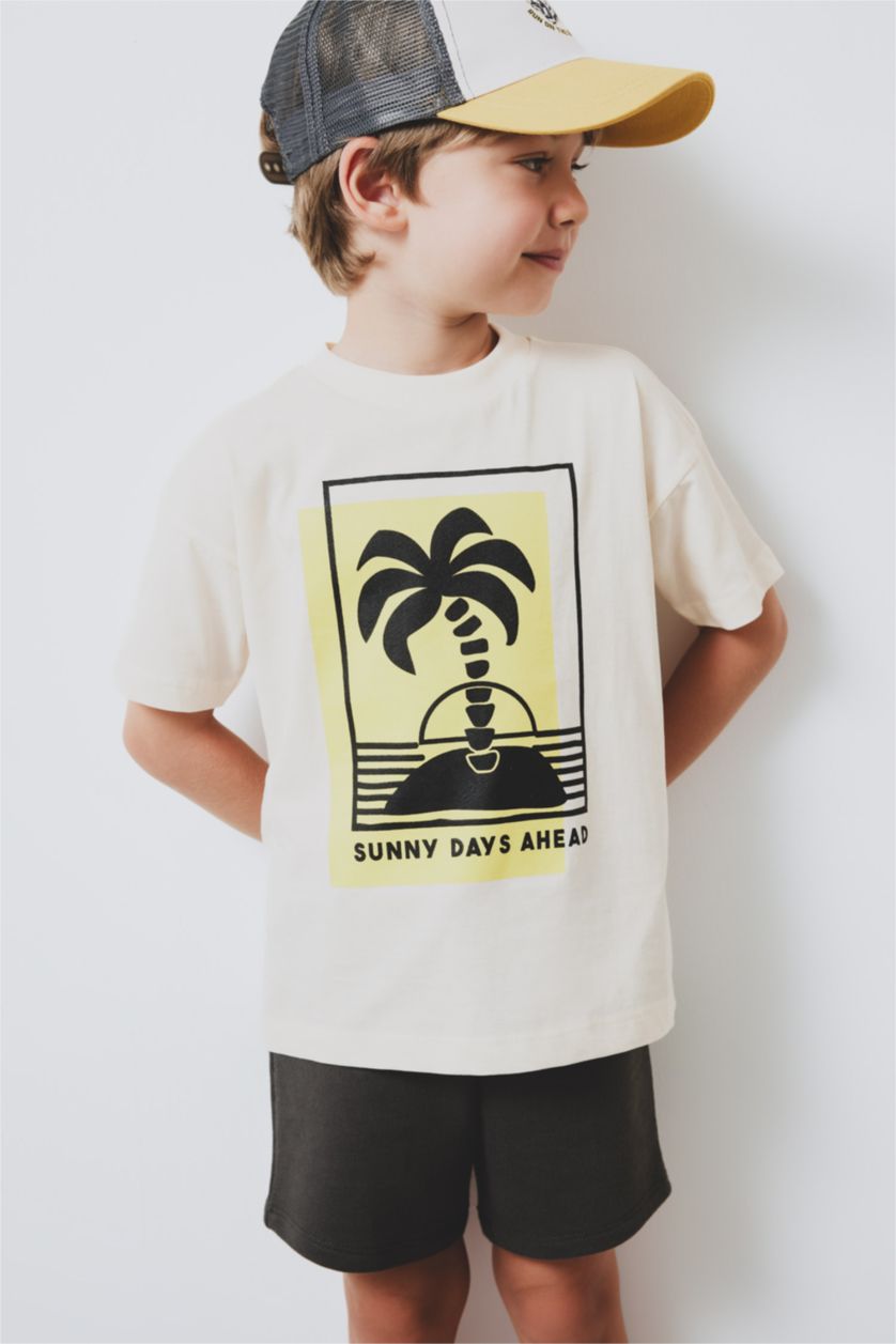 Erkek Bebek Antrasit 2'li Takım Palmiye Desenli Kısa kollu Tişört Beli Lastikli Şort Erkek Bebek