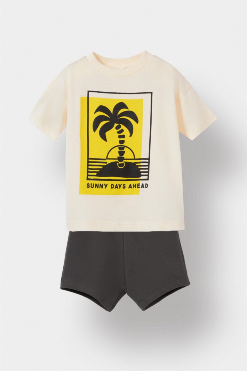 Erkek Bebek Antrasit 2'li Takım Palmiye Desenli Kısa kollu Tişört Beli Lastikli Şort Erkek Bebek