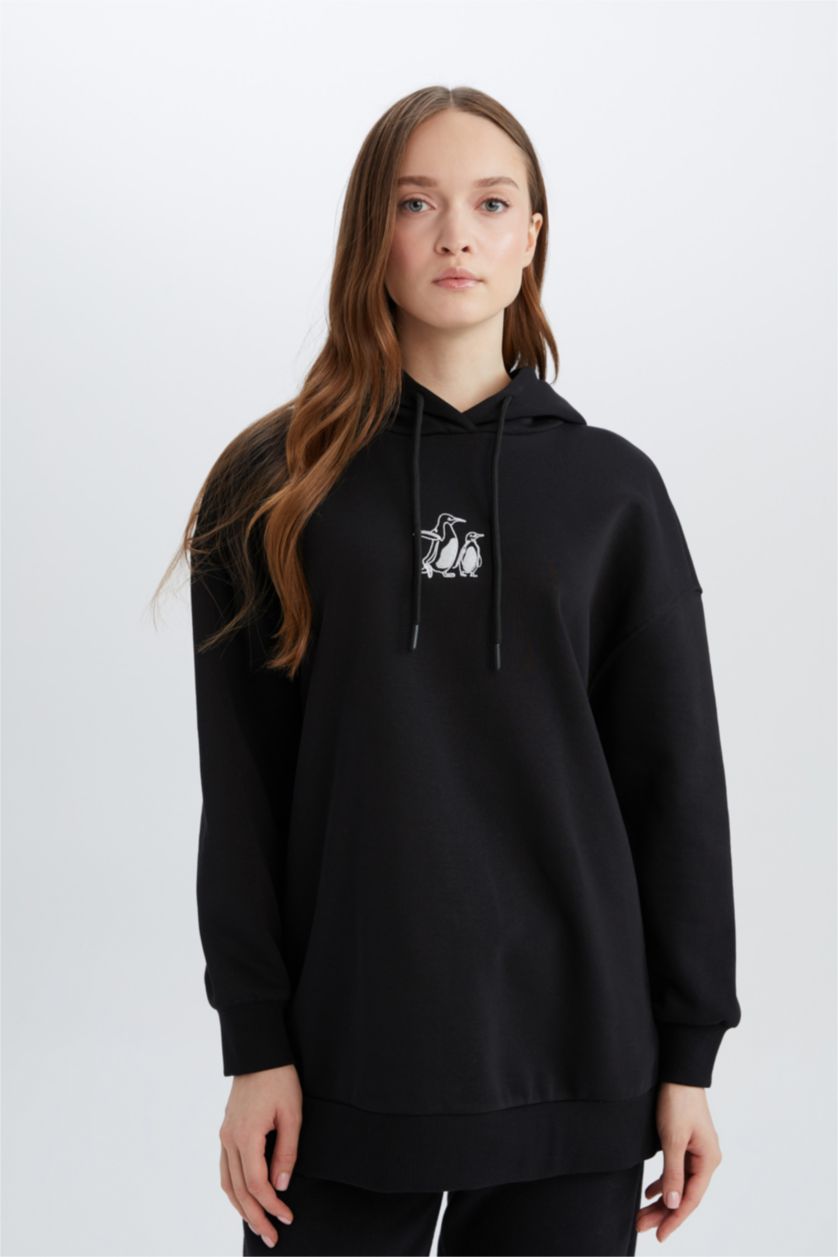 Kadın Siyah Relax Fit Kapüşonlu İçi Yumuşak Tüylü Nakışlı Kalın Sweatshirt Tunik