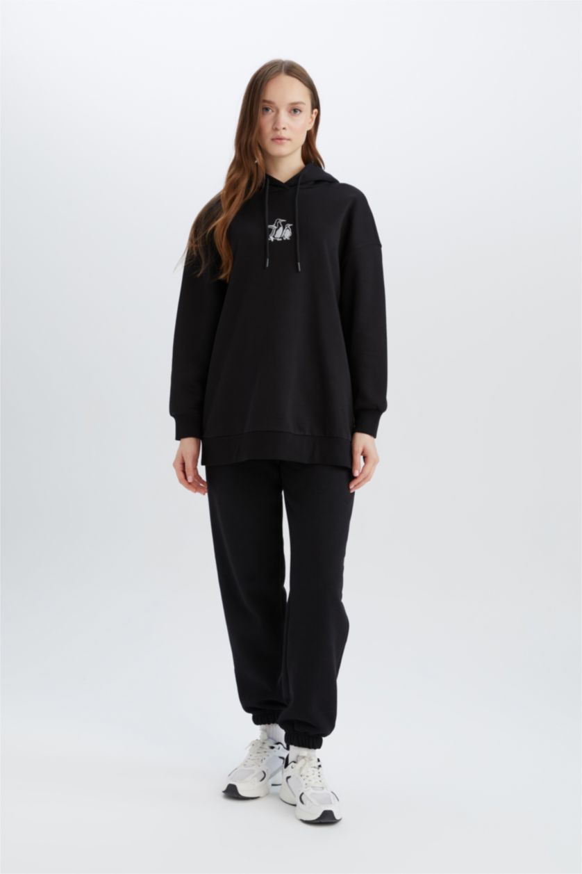 Kadın Siyah Relax Fit Kapüşonlu İçi Yumuşak Tüylü Nakışlı Kalın Sweatshirt Tunik
