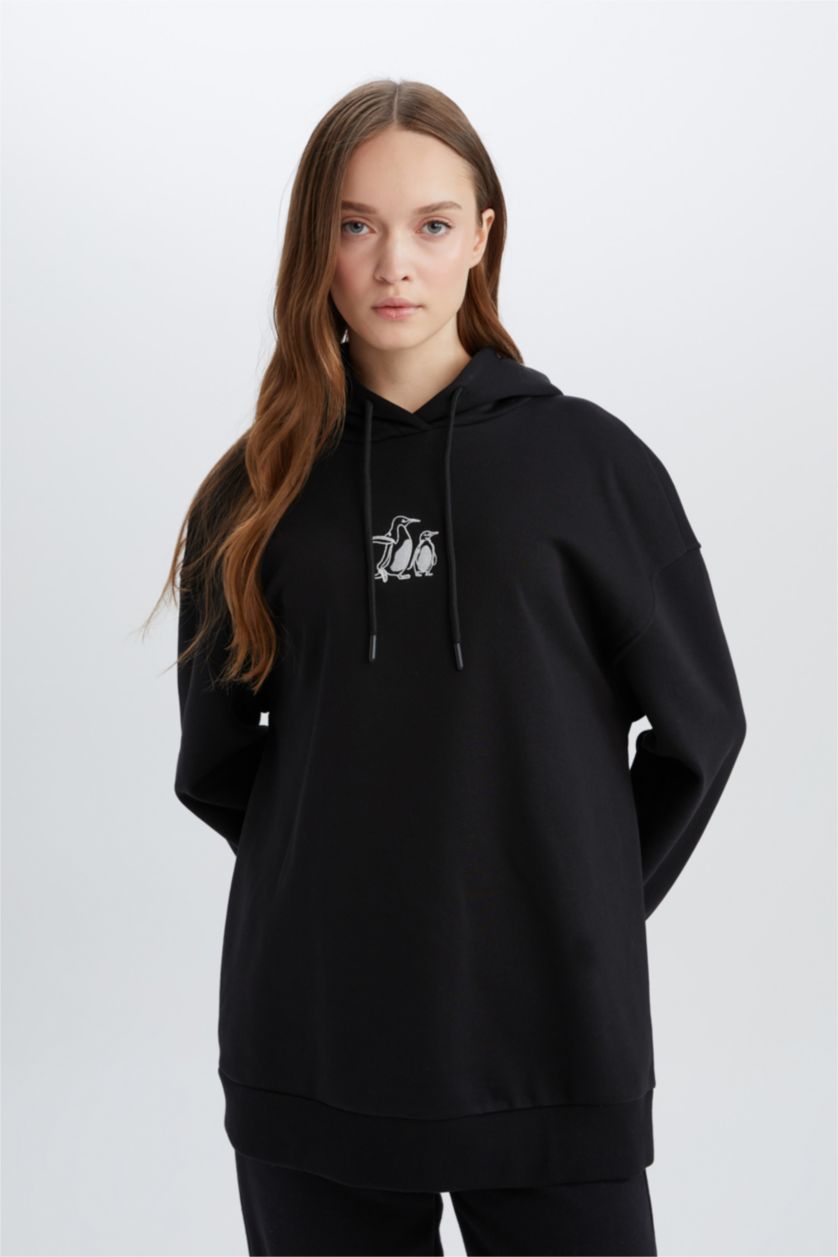 Kadın Siyah Relax Fit Kapüşonlu İçi Yumuşak Tüylü Nakışlı Kalın Sweatshirt Tunik