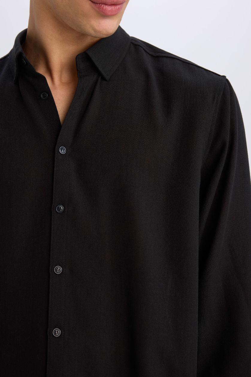 Мужчины Черный Рубашка стандартного кроя с длинным рукавом и поло-вырезом из льняной ткани