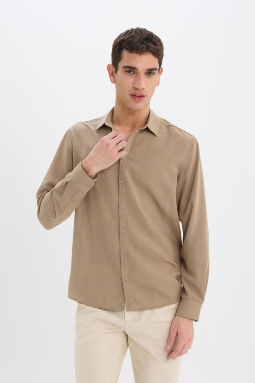 Man Light Khaki Modern Fit Polo Collar Long Sleeve Shirt