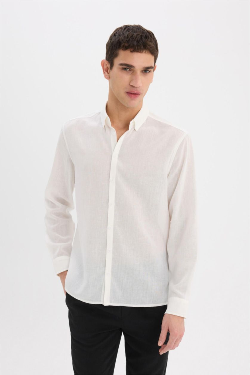 رجالي اوف وايت قميص بولو ابيض كم طويل مودرن فيت ذو مظهر كتان