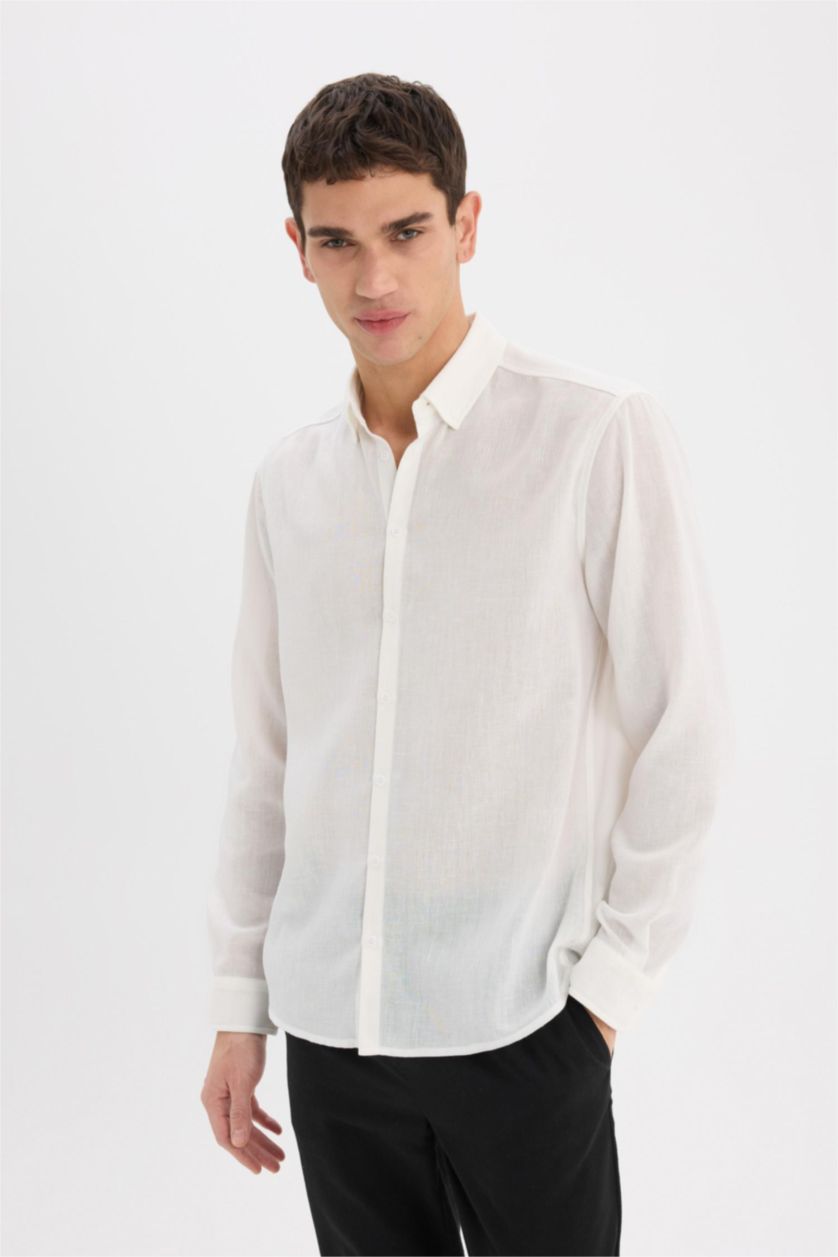 رجالي اوف وايت قميص بولو ابيض كم طويل مودرن فيت ذو مظهر كتان