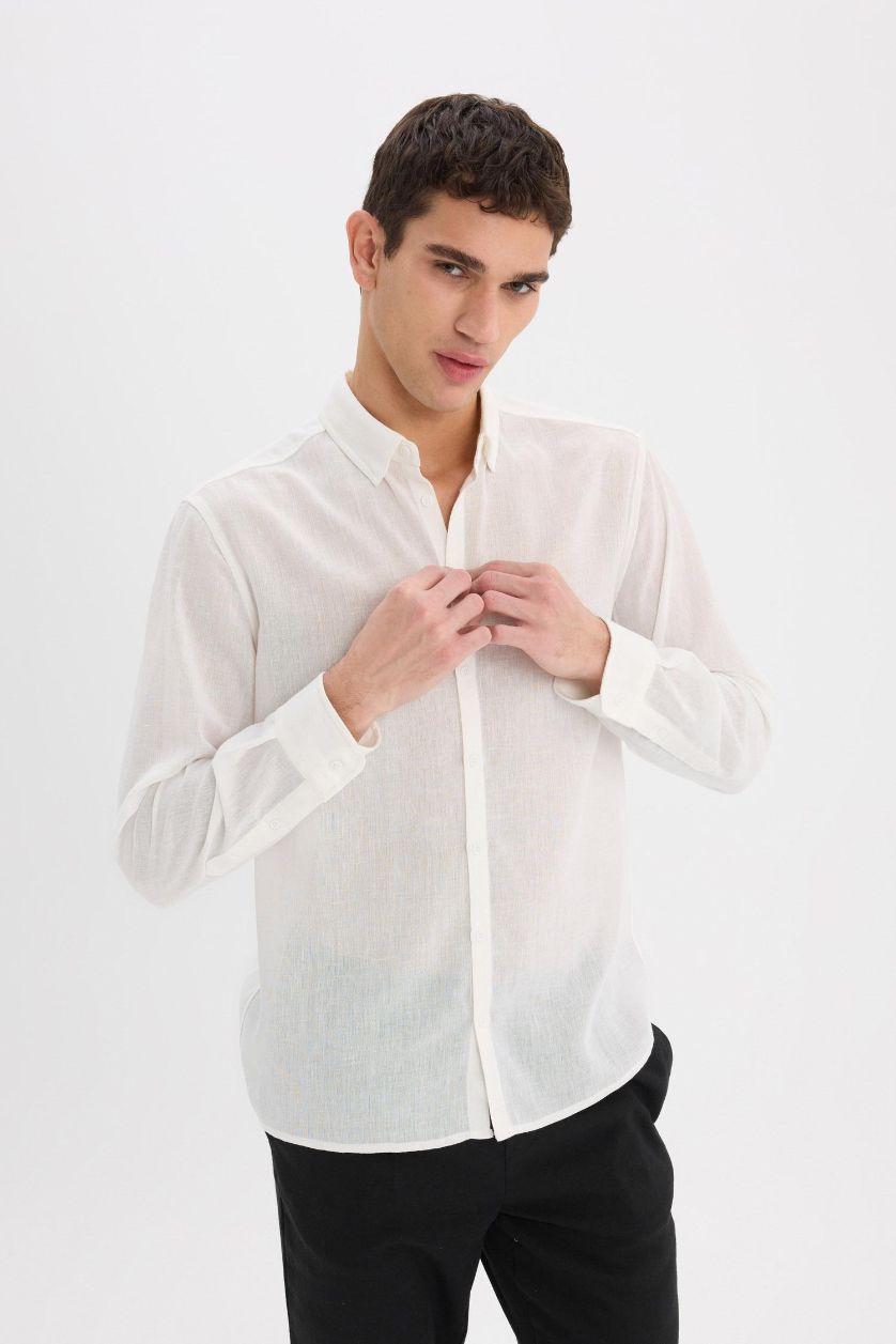 رجالي اوف وايت قميص بولو ابيض كم طويل مودرن فيت ذو مظهر كتان