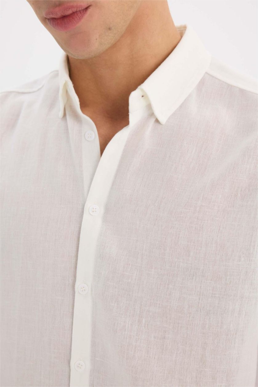 رجالي اوف وايت قميص بولو ابيض كم طويل مودرن فيت ذو مظهر كتان