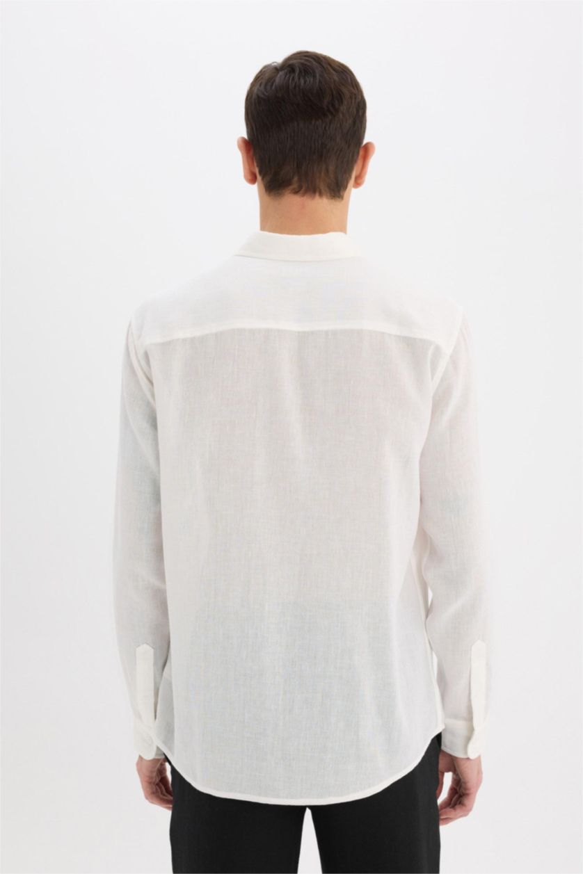 رجالي اوف وايت قميص بولو ابيض كم طويل مودرن فيت ذو مظهر كتان