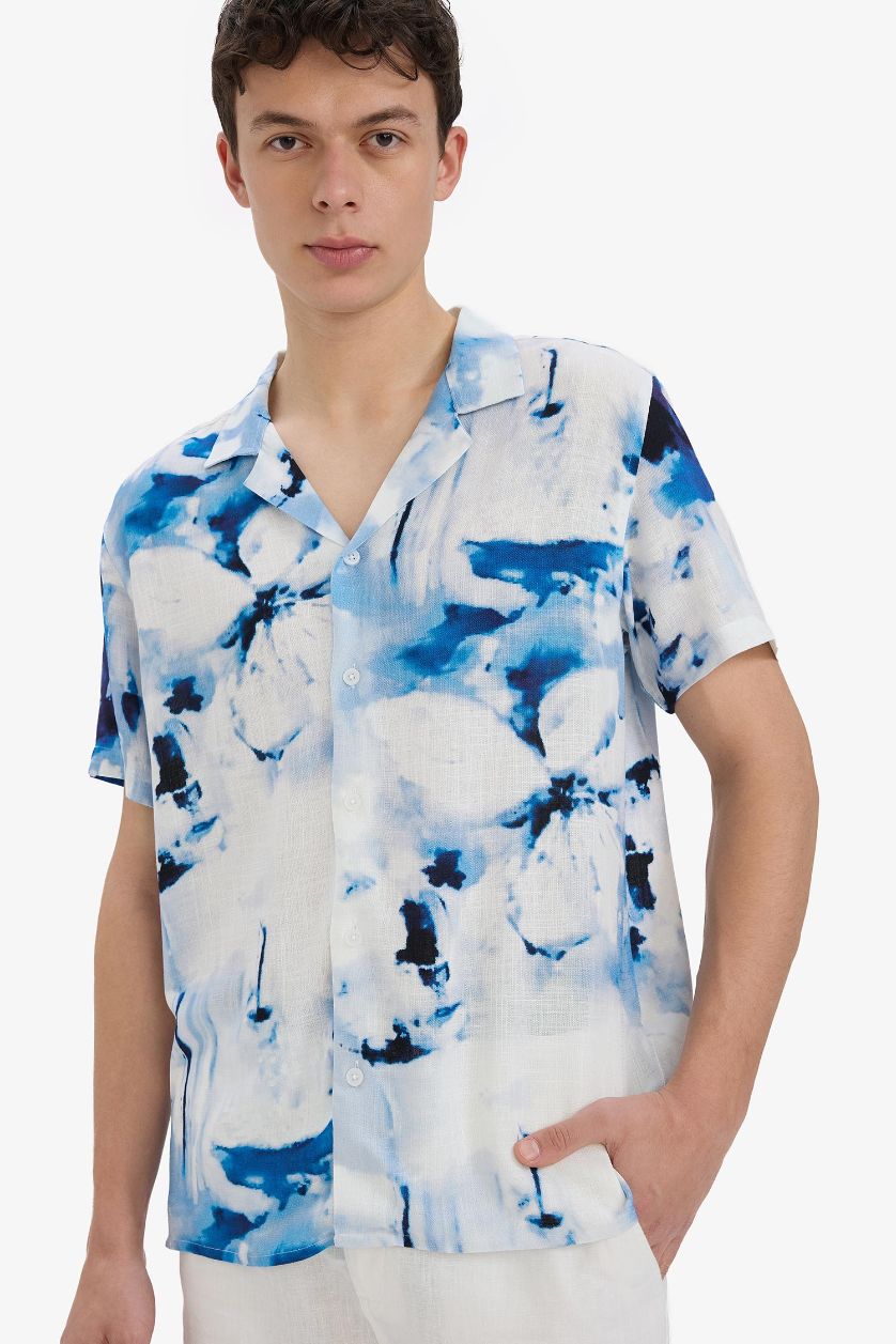 Erkek İndigo Modern Fit Polo Yaka Desenli Keten Görünümlü Yazlık Kısa Kollu Gömlek