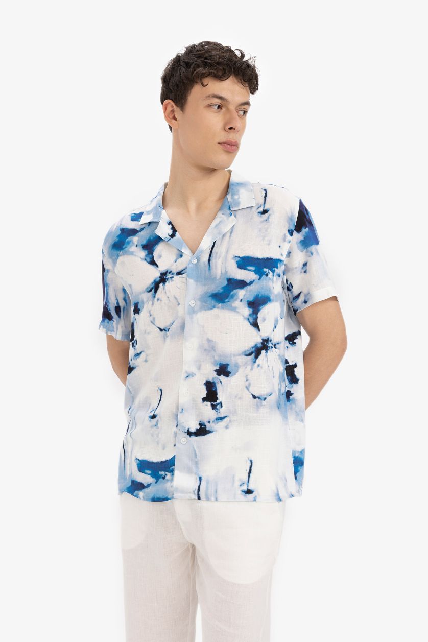 Erkek İndigo Modern Fit Polo Yaka Desenli Keten Görünümlü Yazlık Kısa Kollu Gömlek