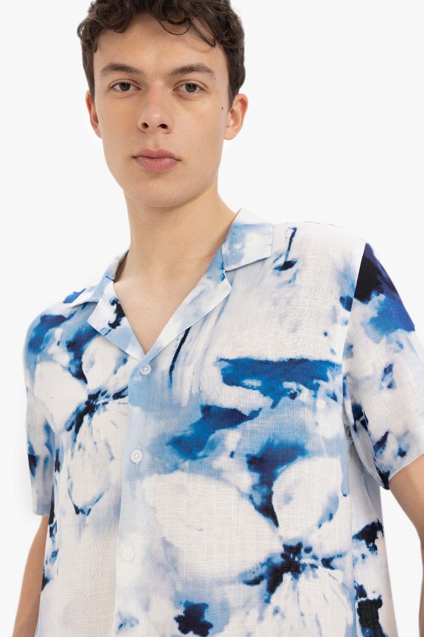 Erkek İndigo Modern Fit Polo Yaka Desenli Keten Görünümlü Yazlık Kısa Kollu Gömlek