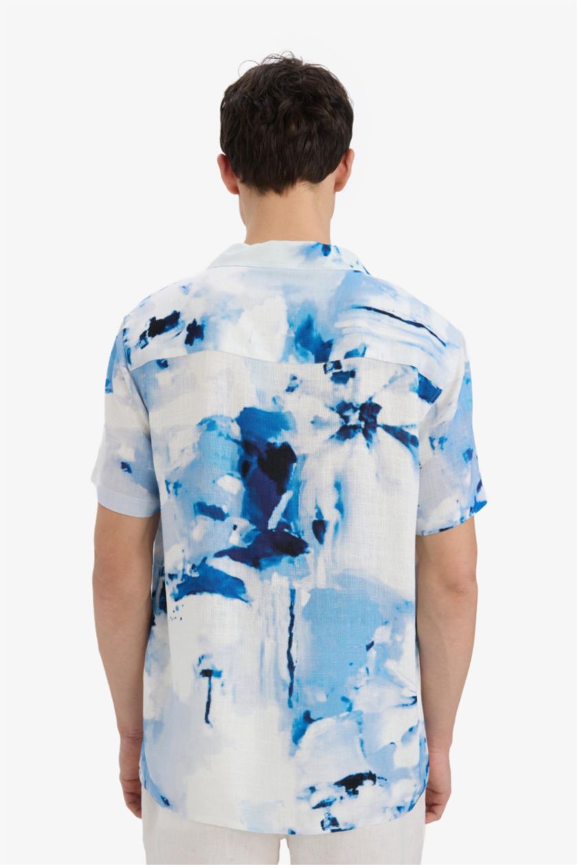 Erkek İndigo Modern Fit Polo Yaka Desenli Keten Görünümlü Yazlık Kısa Kollu Gömlek