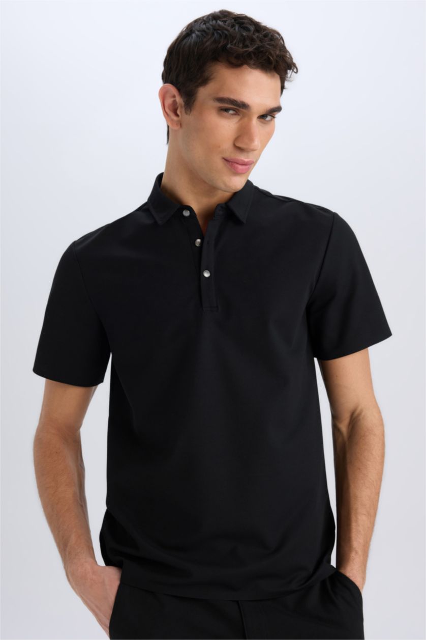 MAN Black Slim Fit Short Sleeve Waffle Polo Shirt