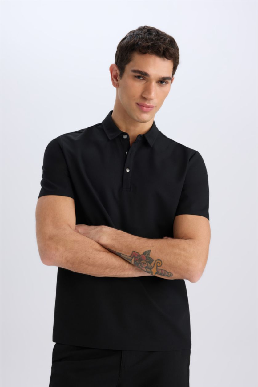 MAN Black Slim Fit Short Sleeve Waffle Polo Shirt