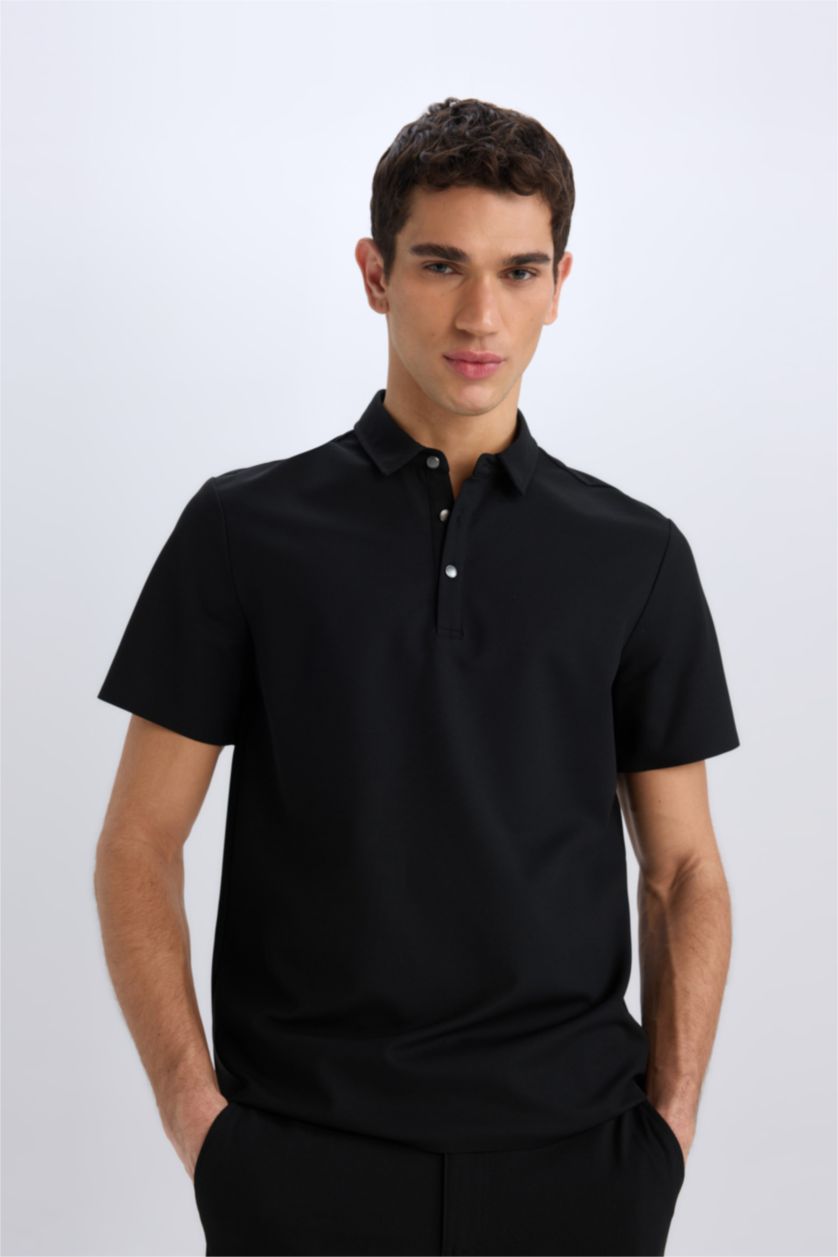 MAN Black Slim Fit Short Sleeve Waffle Polo Shirt
