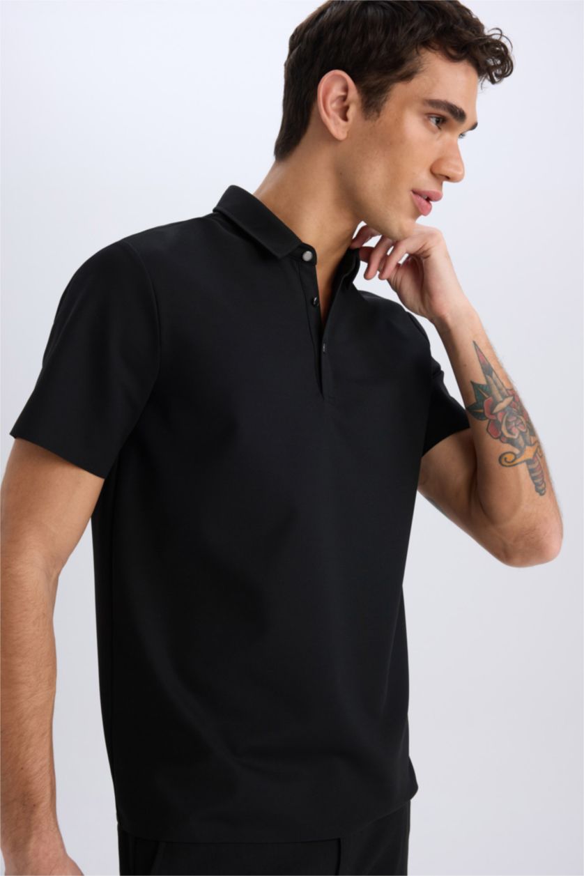 MAN Black Slim Fit Short Sleeve Waffle Polo Shirt